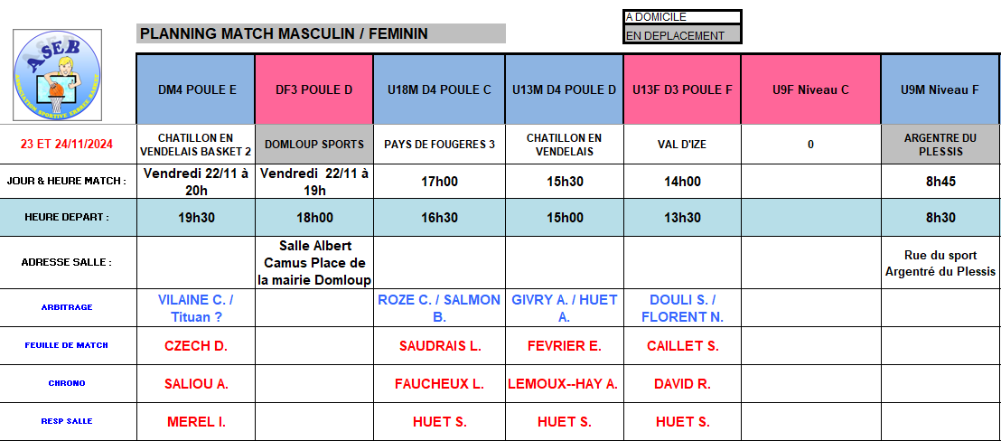 Planning du 23 et 24 Novembre 2024