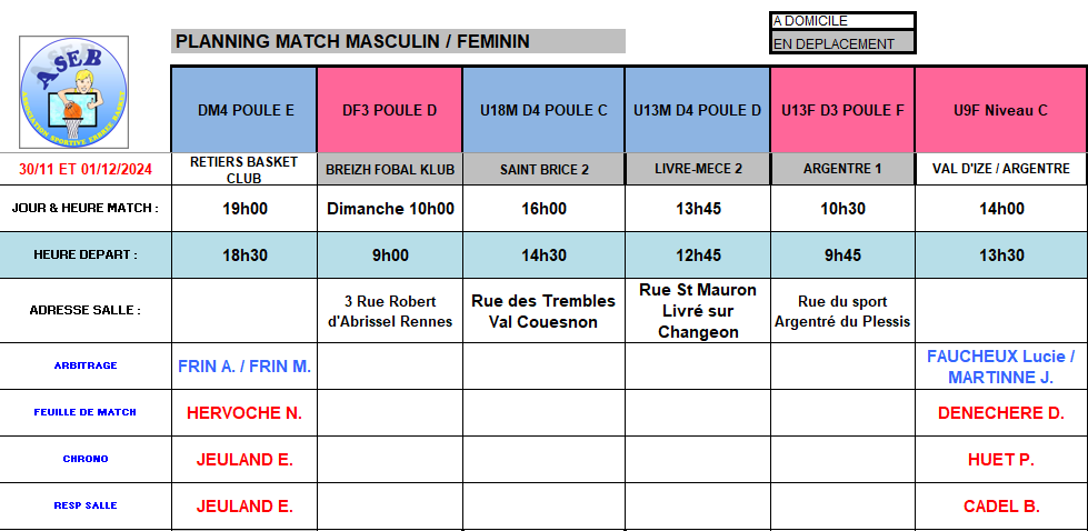 Planning du 30 Novembre/1er Décembre