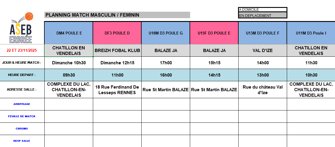 Planning du 22 et 23 Novembre 2025