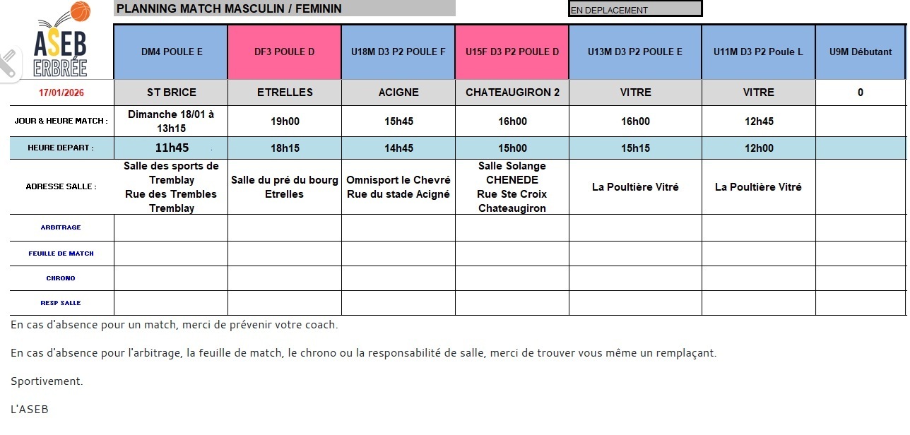 Planning du 17 et 18 janvier 2026