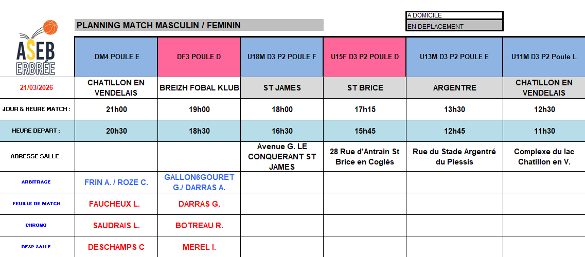 Planning du 21 Mars 2026