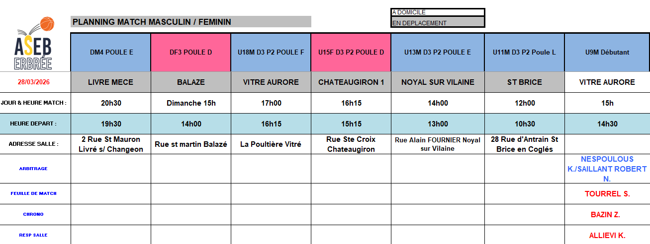 Planning du 28 et 29 Mars 2026