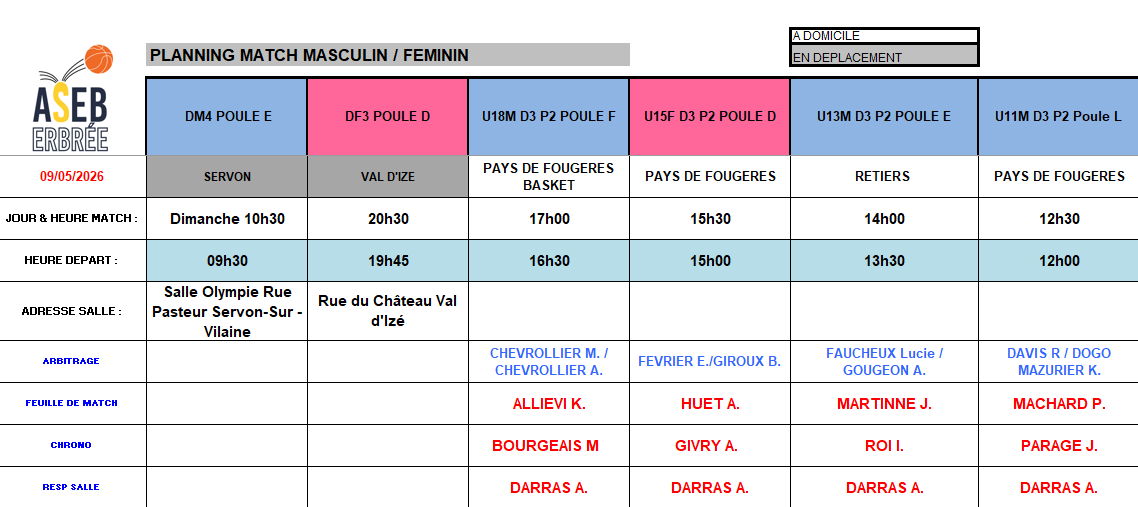 Planning du 09 et 10 Mai 2026