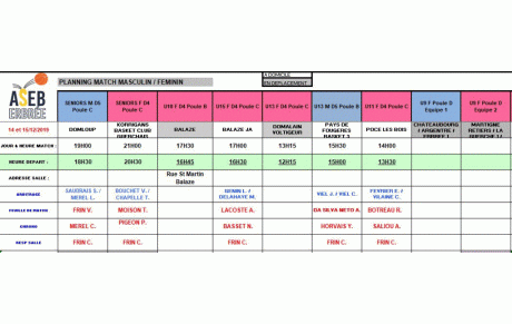 Planning des matchs du 14 et 15 décembre 2019