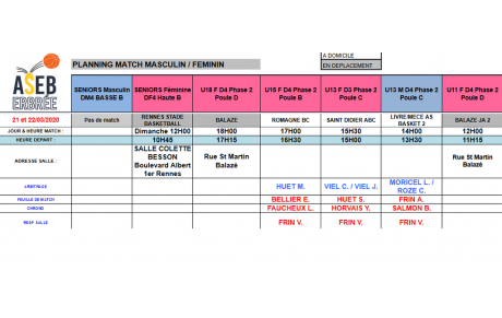 Planning du 21 et 22 Mars 2020