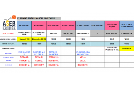 Planning du 16 et 17 Octobre 2021