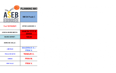 Report Match Sénior Masculin Mercredi 17 Novembre 2021