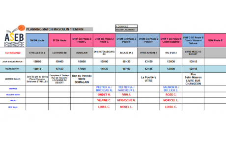 Planning du 5 et 6 Mars 2022