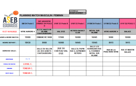 PLANNING DU 15 ET 16 Octobre 2022