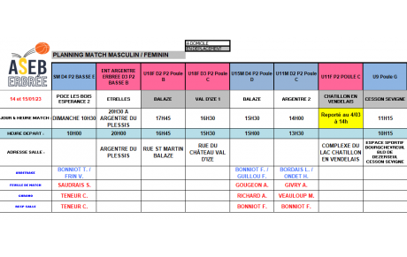Planning du 14 et 15 Janvier 2023