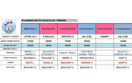 Planning du 30/09 et 01/10/2023