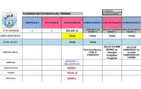Planning du 21 et 22 Octobre 2023