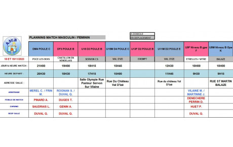 Planning du 18 et 19 Novembre 2023